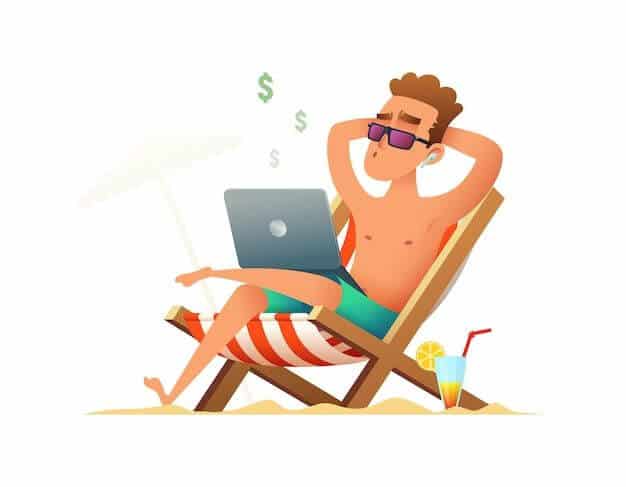 Man Sitting On Lounger And Working On Computer Freelancer Gets Paid Sitting And Relaxing On Beach Premium Vector 2